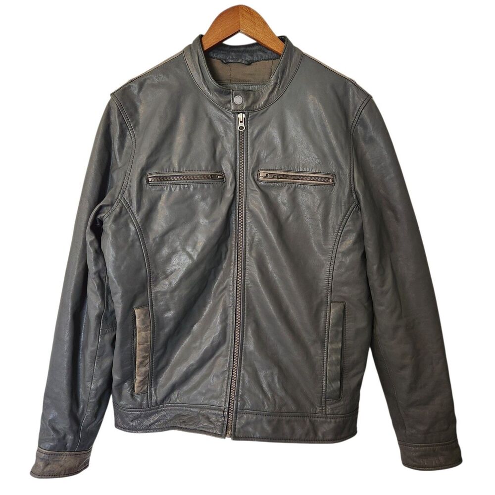 Black Rivet Mens M Gray Grunge Distressed Leather Moto Jacket By Wilson Leather